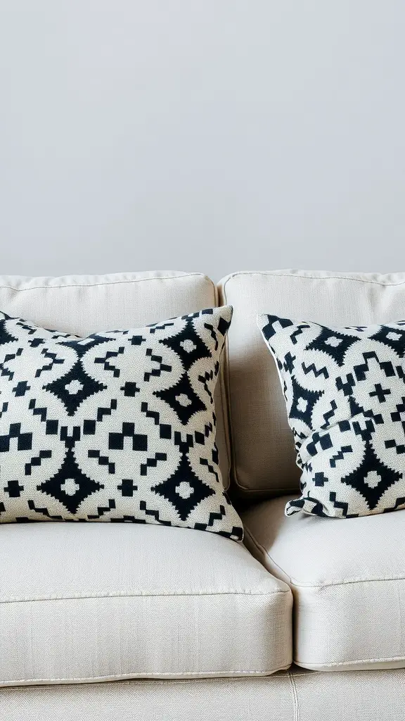 Black and white geometric patterned pillows on a light colored couch.