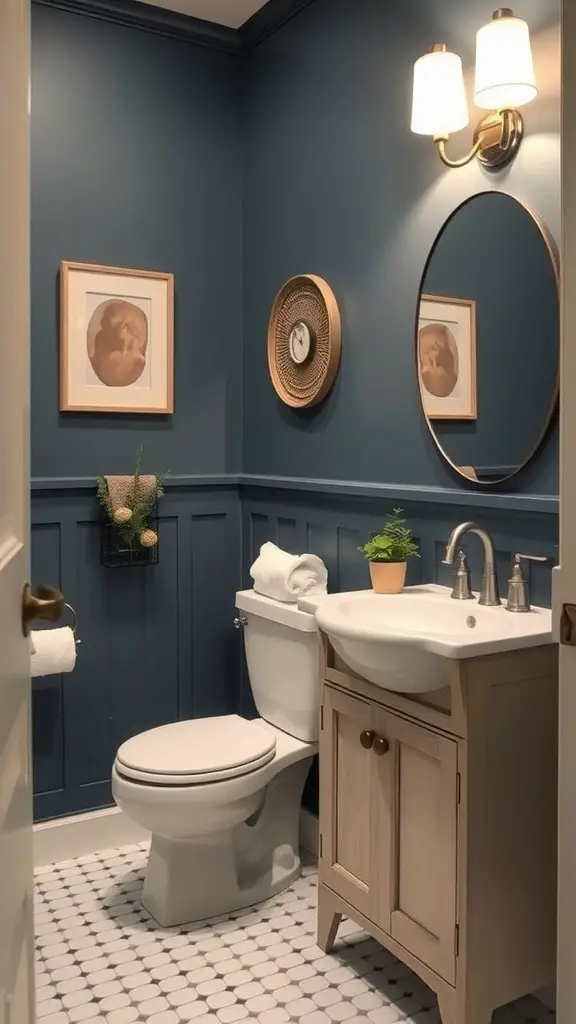 A bathroom with slate blue walls and whitewashed pine accents, featuring modern fixtures and decorative elements.