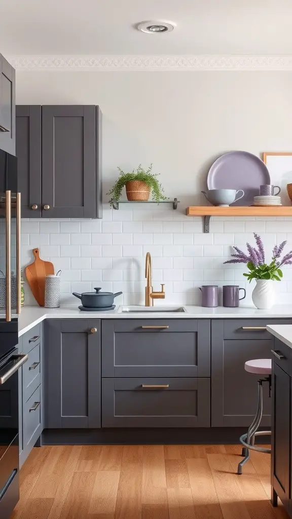 A modern kitchen with slate gray cabinets, lavender accents, and natural elements.