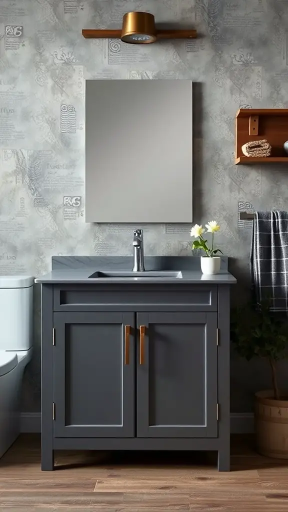 Slate grey bathroom cabinet with brass hardware and a potted plant beside a sink