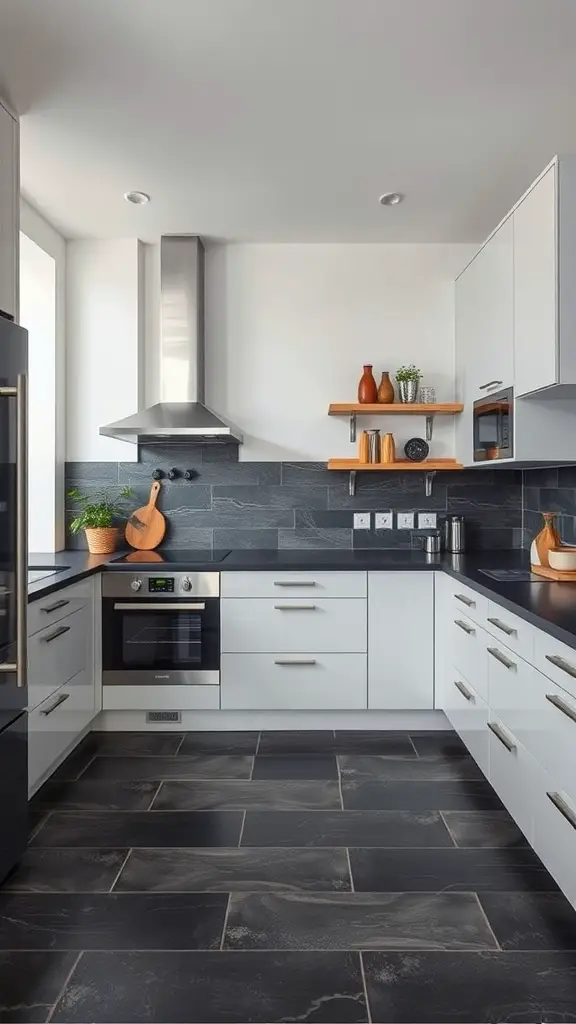 A modern kitchen featuring dark slate tile flooring, sleek white cabinetry, and wooden shelves.