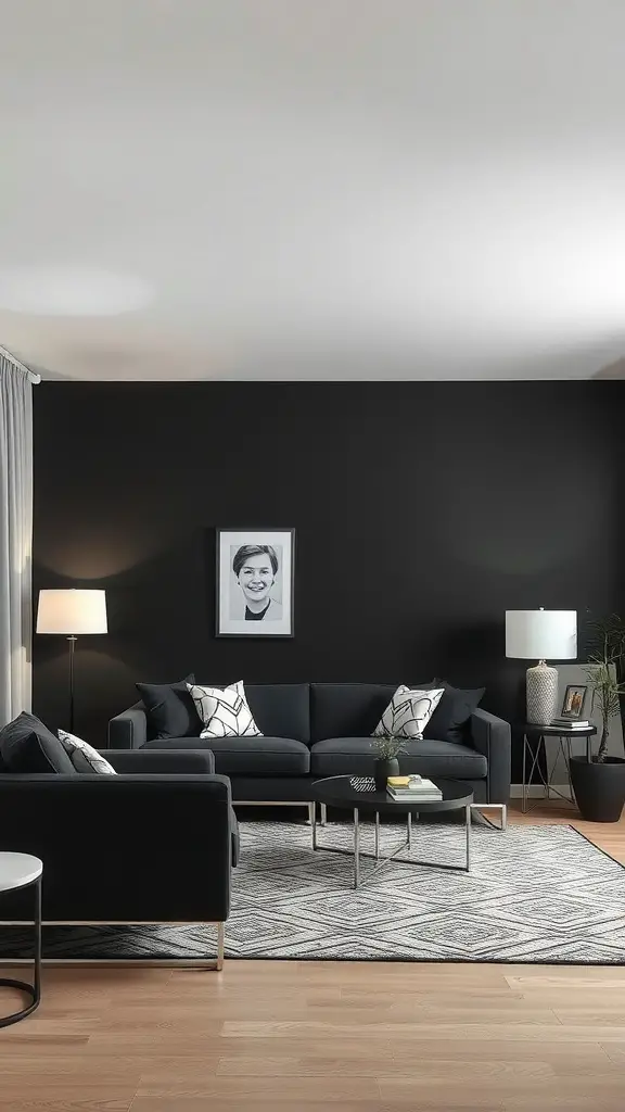 Living room featuring a black accent wall with modern furniture and decor.