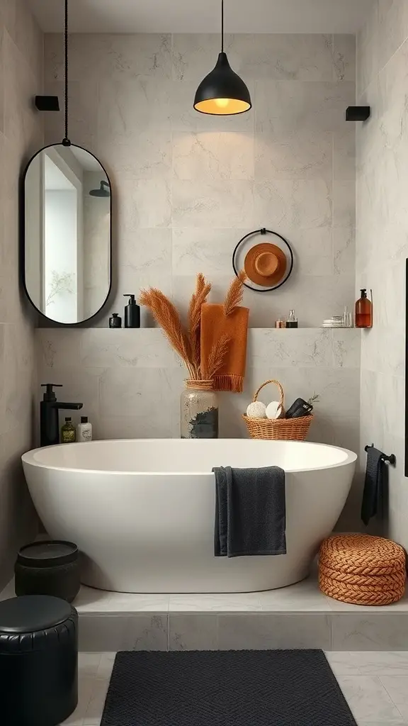 A contemporary bathroom featuring beige tiles, black accessories, and natural elements.