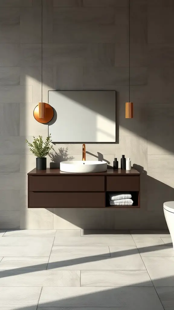 A sleek chocolate floating vanity in a modern bathroom with a round sink and warm-toned faucet, complemented by a minimalistic decor.