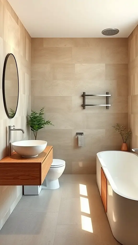 A modern half bathroom featuring a sleek floating vanity, bowl sink, and a bathtub with natural lighting.
