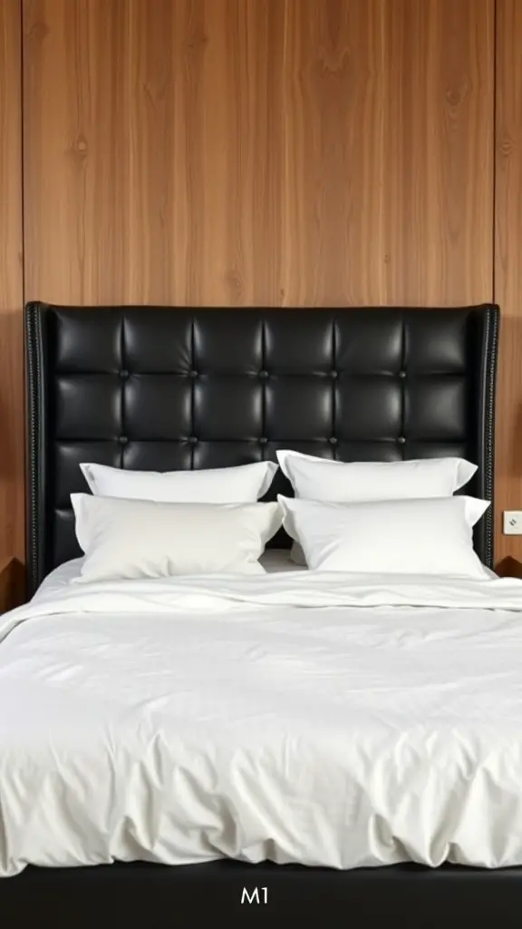 Sleek modern black leather headboard with tufted design against a wooden wall in a cozy bedroom setting.