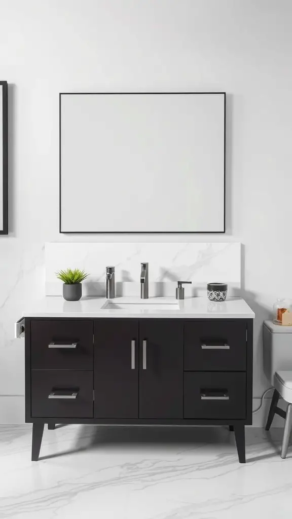 A dark chocolate bathroom vanity with marble accents and modern fixtures.