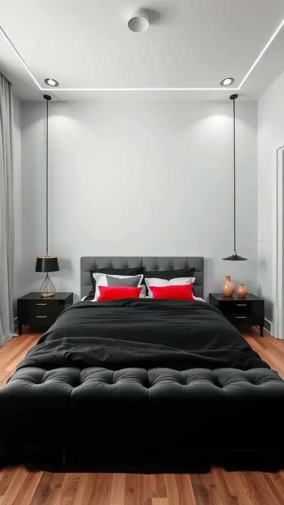 Stylish monochrome bedroom with gray walls, black bedding, and bold red accents