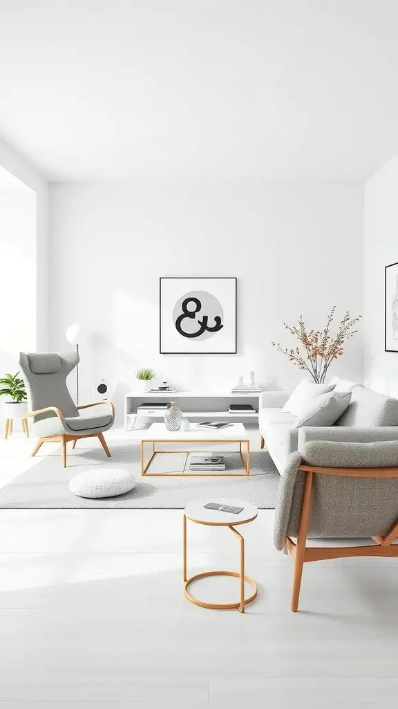 A minimalist living room featuring Scandinavian furniture with light colors, clean lines, and subtle decor.