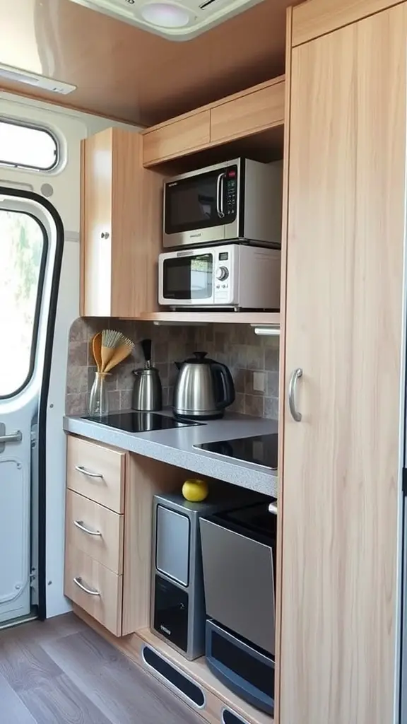 Compact camper kitchen featuring a microwave, kettle, storage cabinets, and countertop.