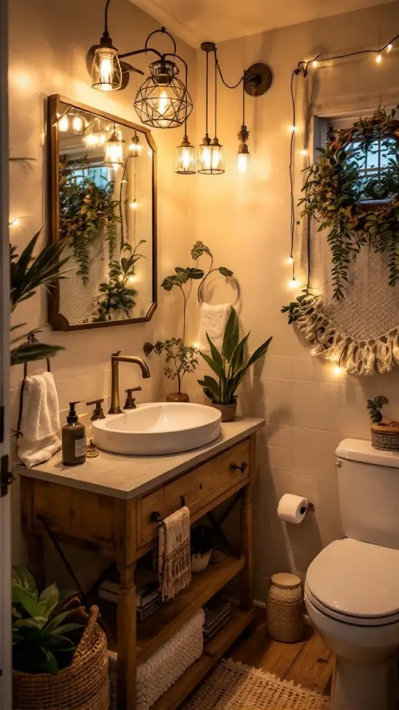A cozy earthy bathroom with soft ambient lighting, featuring string lights and a warm inviting atmosphere.