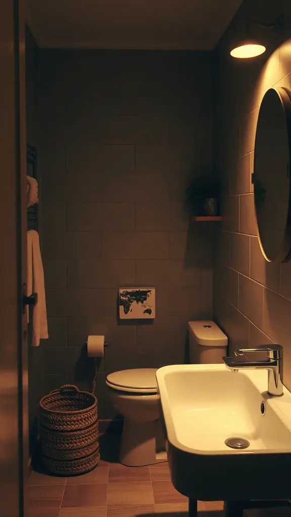 A cozy bathroom with soft ambient lighting, featuring a round mirror, a sink, and warm color tones.