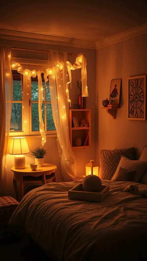 A cozy bedroom with soft ambient lighting created by fairy lights, a lamp, and lanterns.