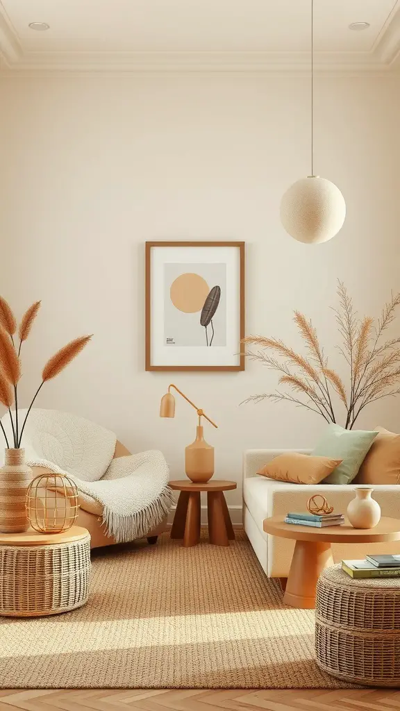Cozy living space featuring soft beige and olive green decor elements.