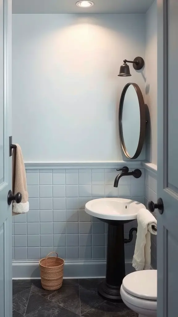 A bathroom featuring soft blue walls and dark chocolate fixtures, showcasing a modern design with a round mirror and textured tiles.