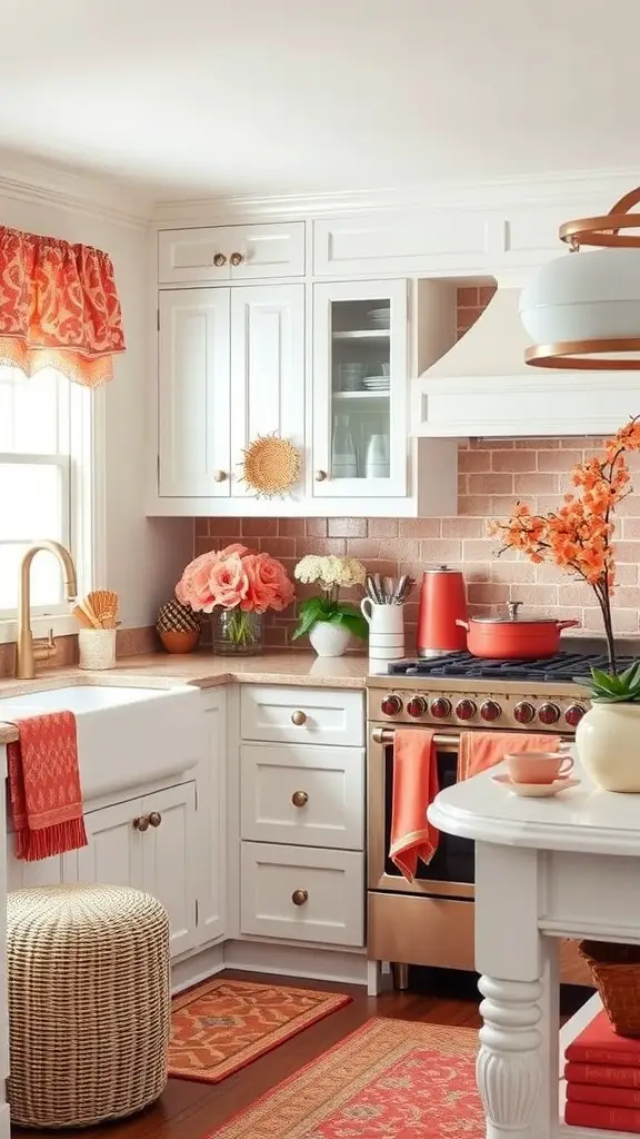 A warm kitchen with soft coral accents, including dishes and curtains, paired with light wooden cabinets.
