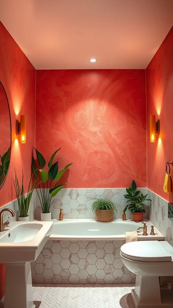 A bathroom with soft coral walls, white fixtures, and plants for a relaxing vibe.