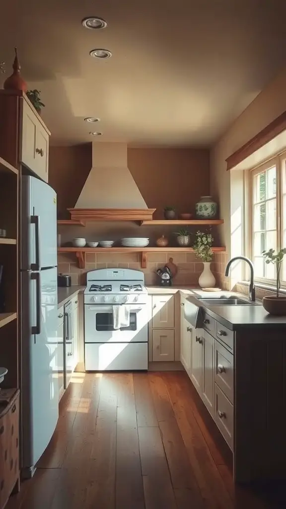 A cozy rustic kitchen with soft earth tones, light wooden floor, and natural sunlight.