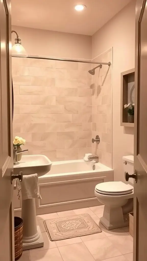 A serene bathroom featuring soft beige walls, copper accents, a round mirror, and earthy decor elements.