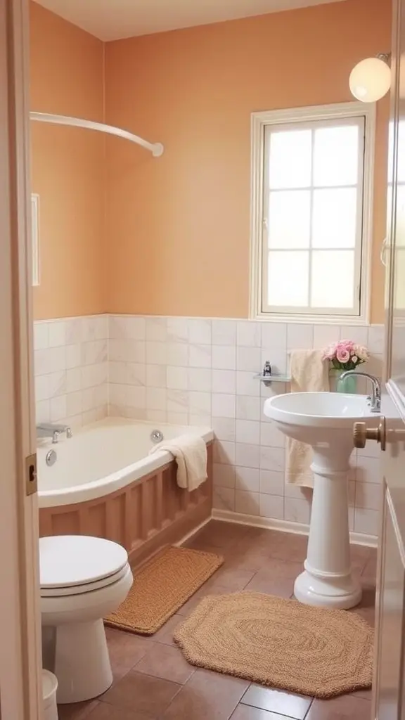 Cozy bathroom with dark tiles, warm lighting, and natural wood accents.