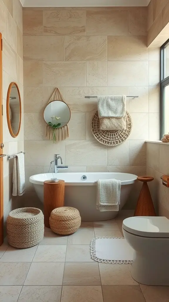 A stylish bathroom featuring earthy textures with tiled walls, a white bathtub, and lush green plants.