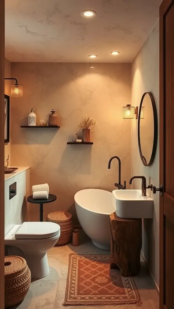 Cozy bathroom with soft lighting and earthy tones