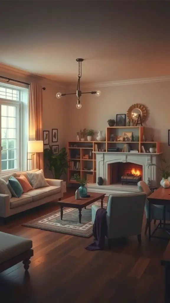 A cozy living room with soft lighting, featuring a sofa, a coffee table, and a warm fireplace.