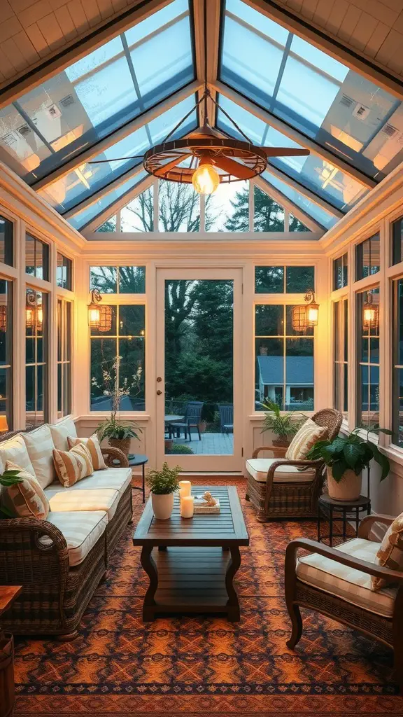 A cozy sunroom with soft lighting, featuring comfortable seating, plants, and candles.