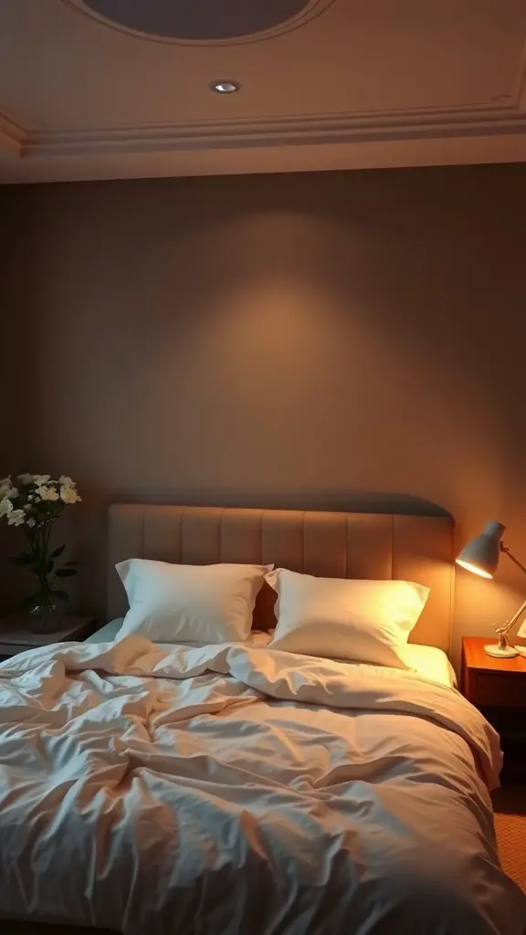 A cozy bedroom with soft lighting, featuring a neatly made bed and a bedside lamp.
