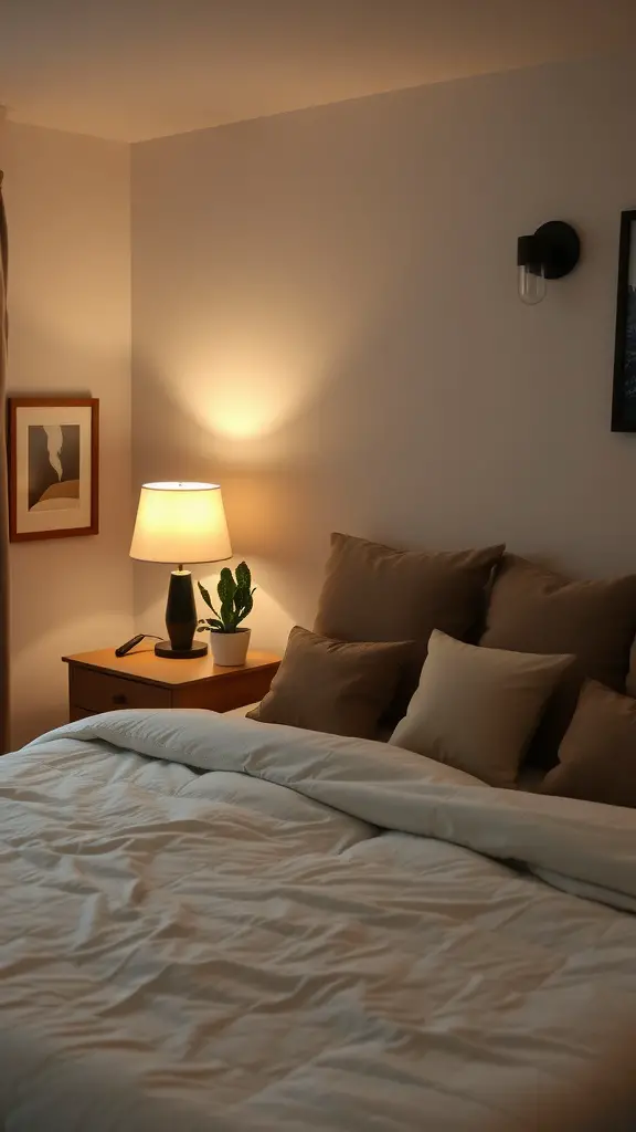 A cozy bedroom corner with soft lighting from a bedside lamp, showcasing warm tones and plush bedding.
