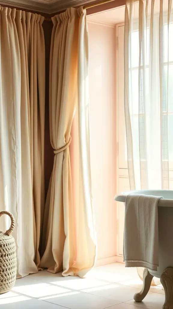 Soft beige linen curtains draped elegantly by a window in a cozy bathroom.