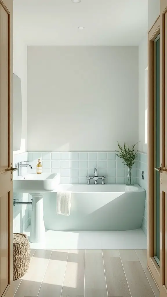 A modern bathroom featuring soft mint tiles, almond wood accents, and golden fixtures.