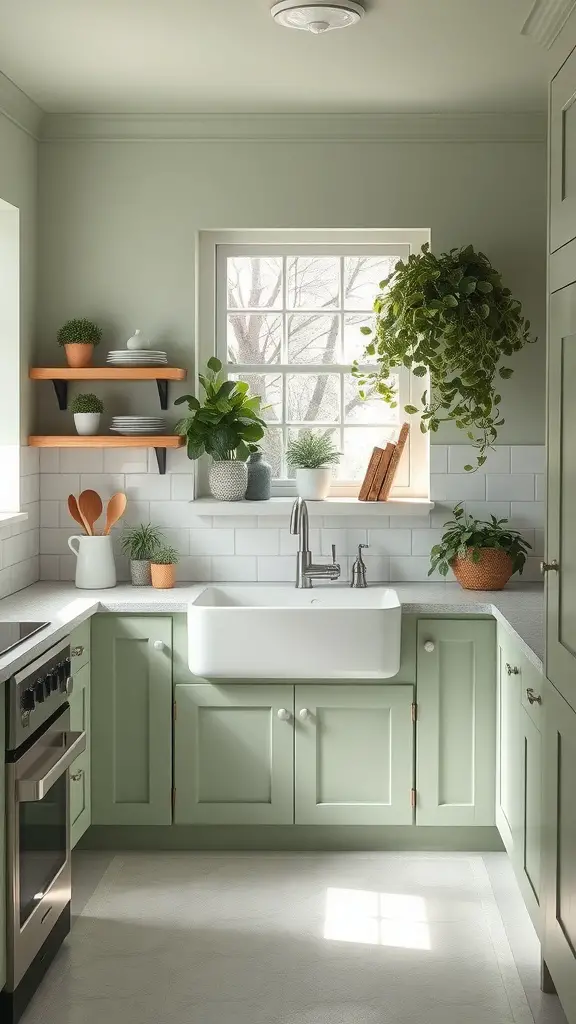 A kitchen with soft moss green cabinets, white subway tiles, a farmhouse sink, and potted plants.