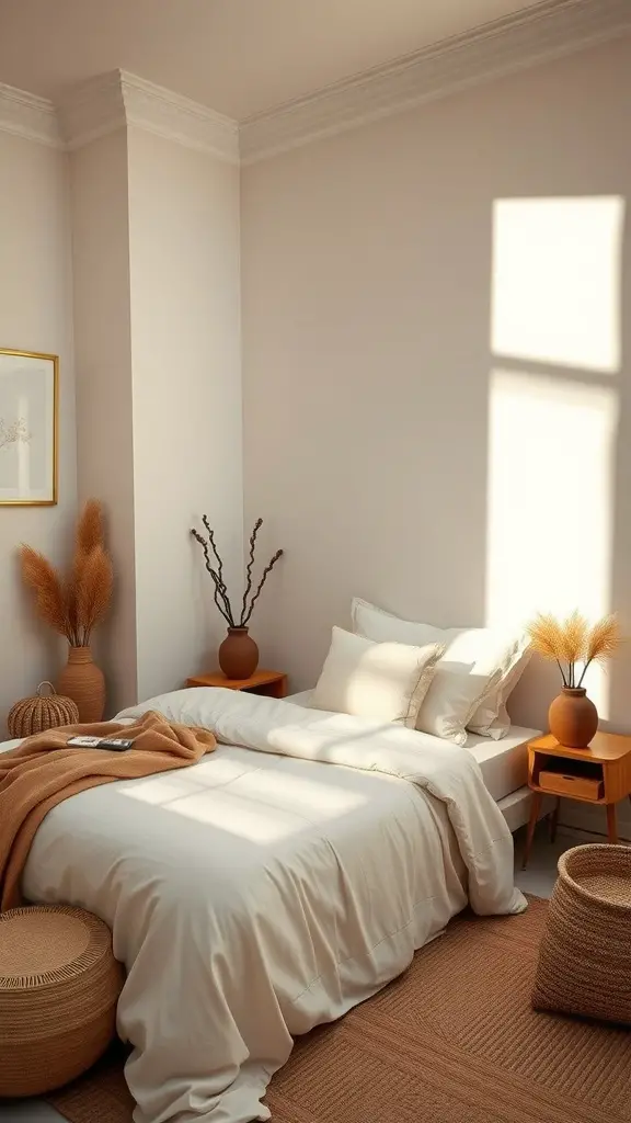 A softly lit bedroom with a neutral color palette featuring cream bedding, wooden furniture, and earthy decor.