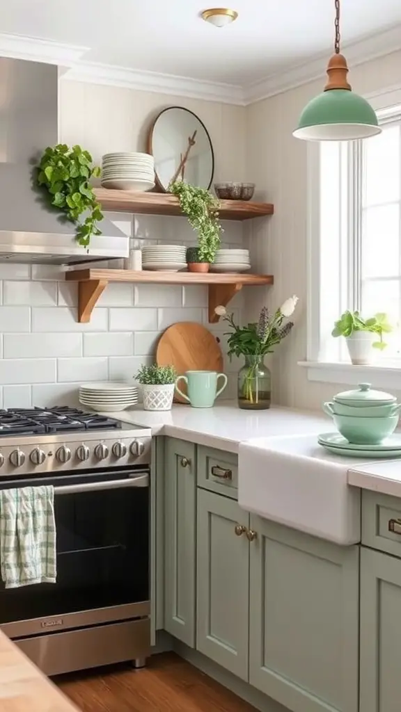 A cozy kitchen featuring soft sage green cabinets, wooden countertops, and natural decor elements.