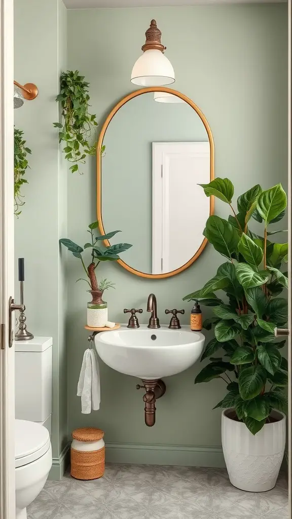 A bathroom with soft sage green walls, plants, a white pedestal sink, and warm copper fixtures.