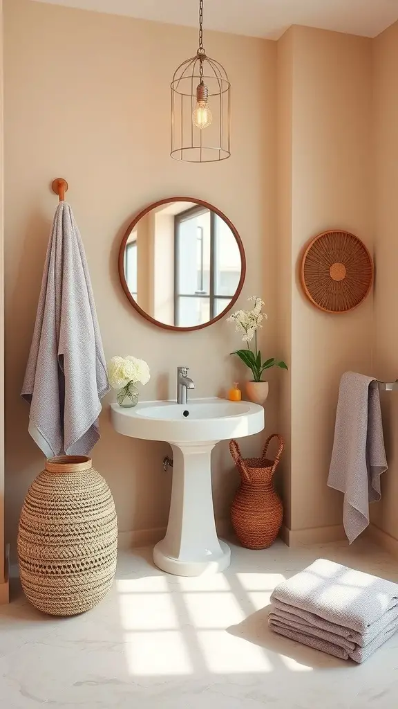 A stylish bathroom featuring soft sand walls, dusty lavender towels, and natural woven decor.