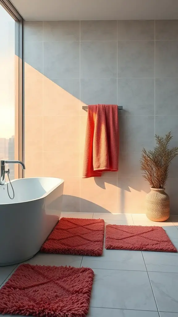 A warm and inviting bathroom featuring plush coral textiles, a modern bathtub, and sunlight creating a soft glow.