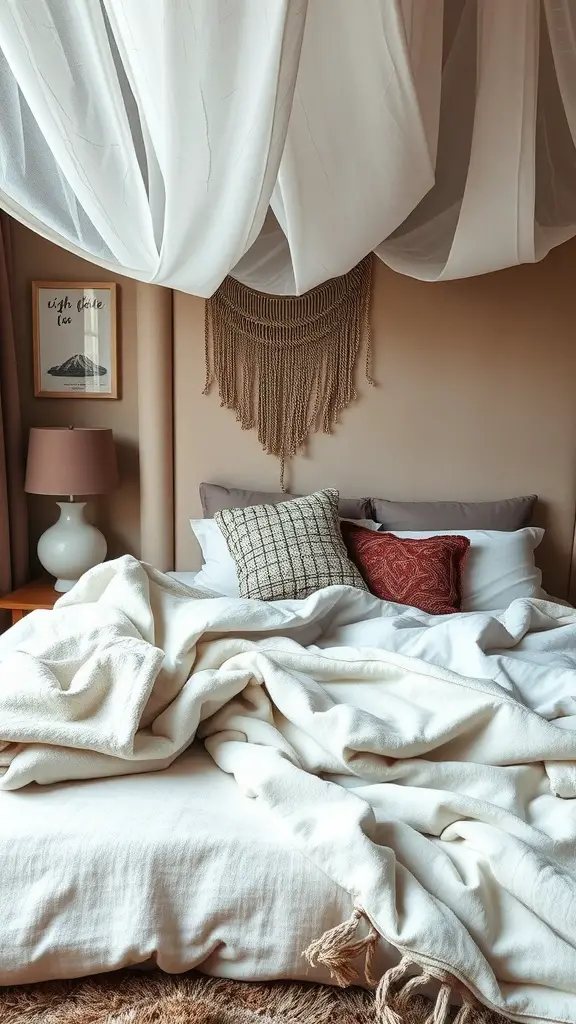 A cozy bedroom setup featuring soft blankets and pillows, with sheer fabric draped overhead creating a comfortable atmosphere.