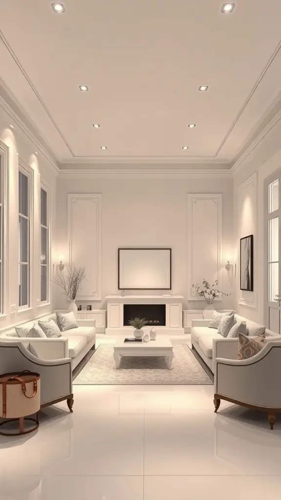 Living room with soft white lighting fixtures and minimalist decor.