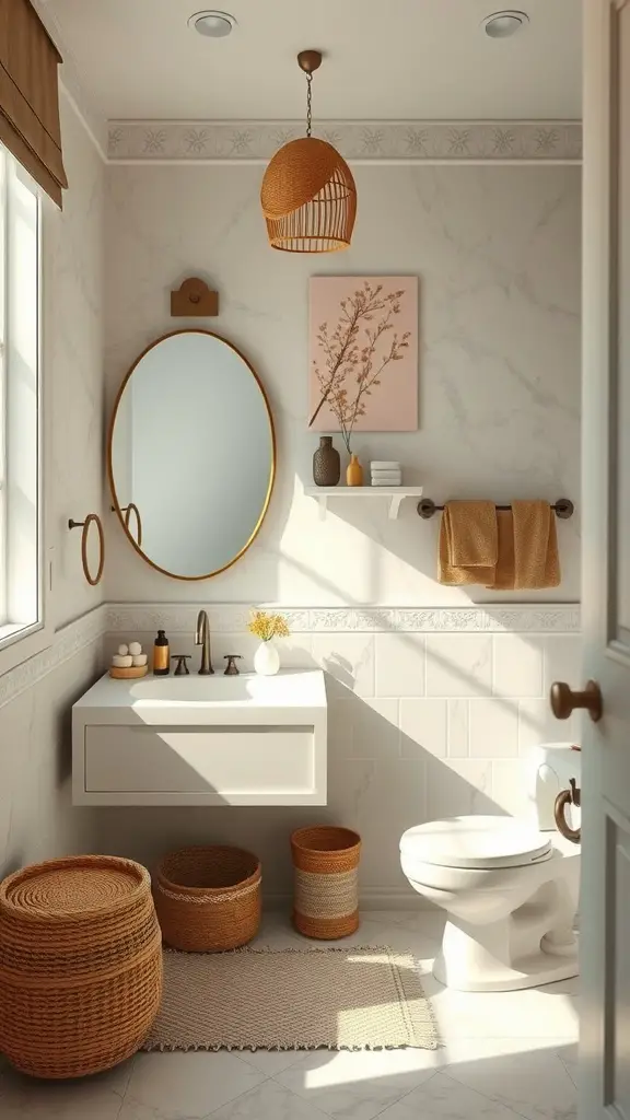 A stylish bathroom featuring a white vanity, warm wood accents, and green plants, showcasing a soothing color palette.