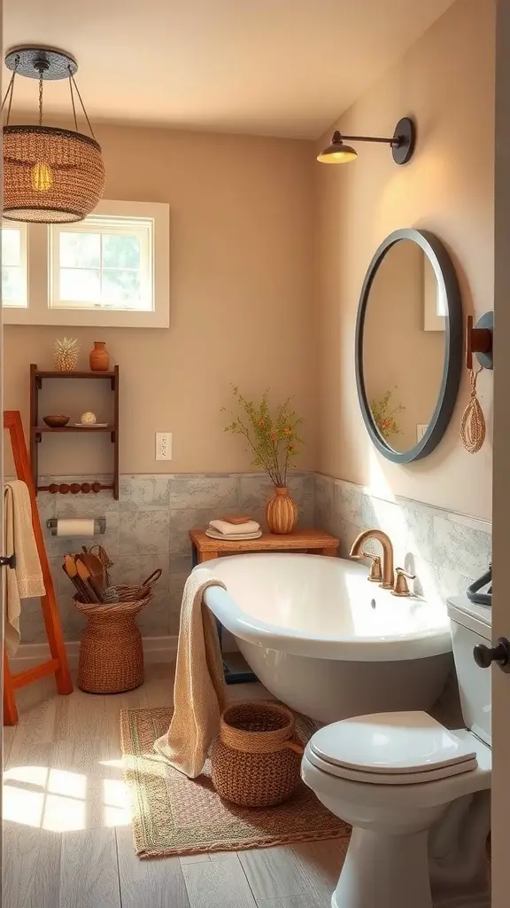 A soothing bathroom featuring earthy tones, a freestanding tub, natural wood accents, and greenery.
