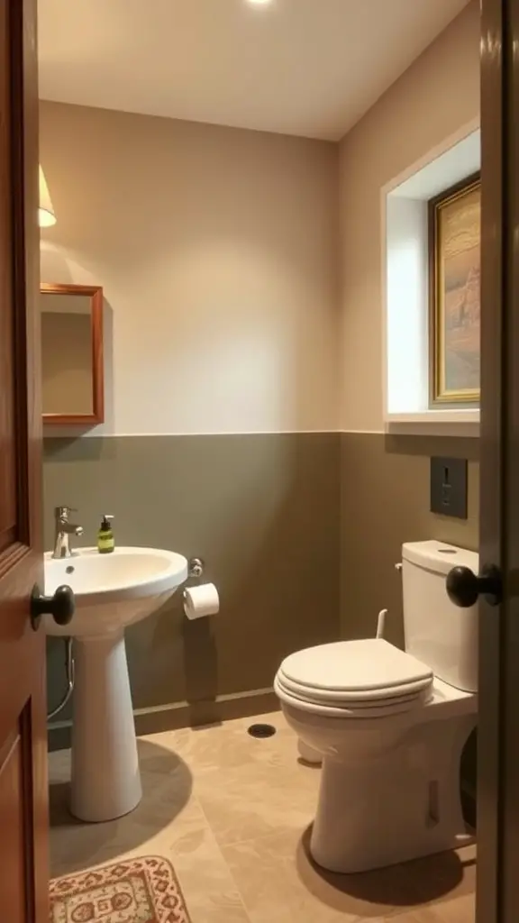 A serene bathroom featuring earth tones, a bathtub, and natural decor.