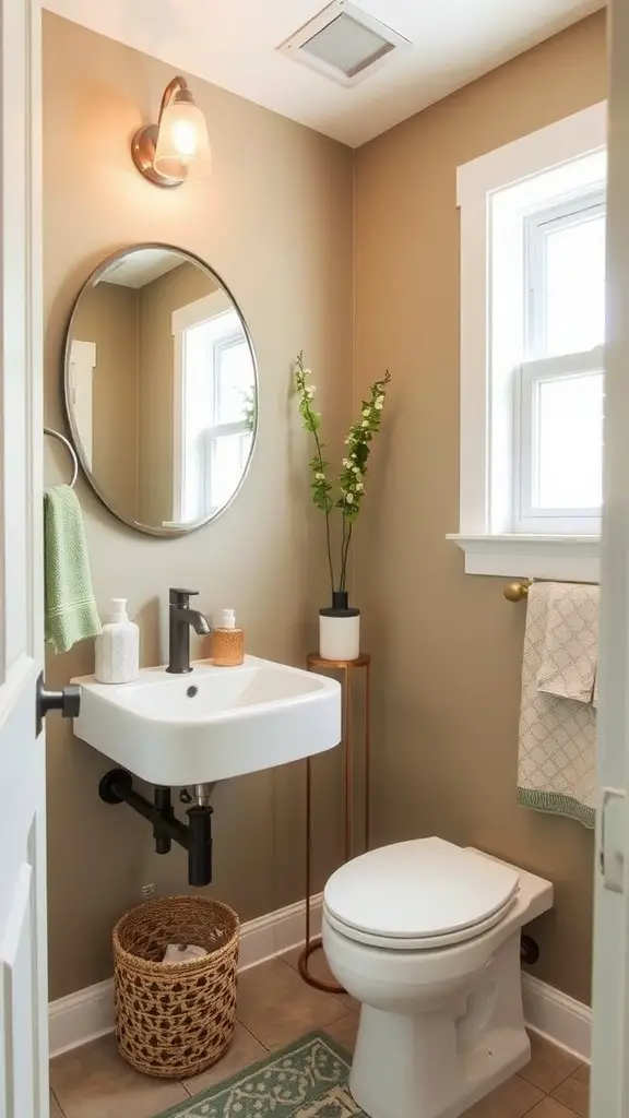 A modern half bathroom featuring soothing earth tones, a large window, and minimalistic decor.