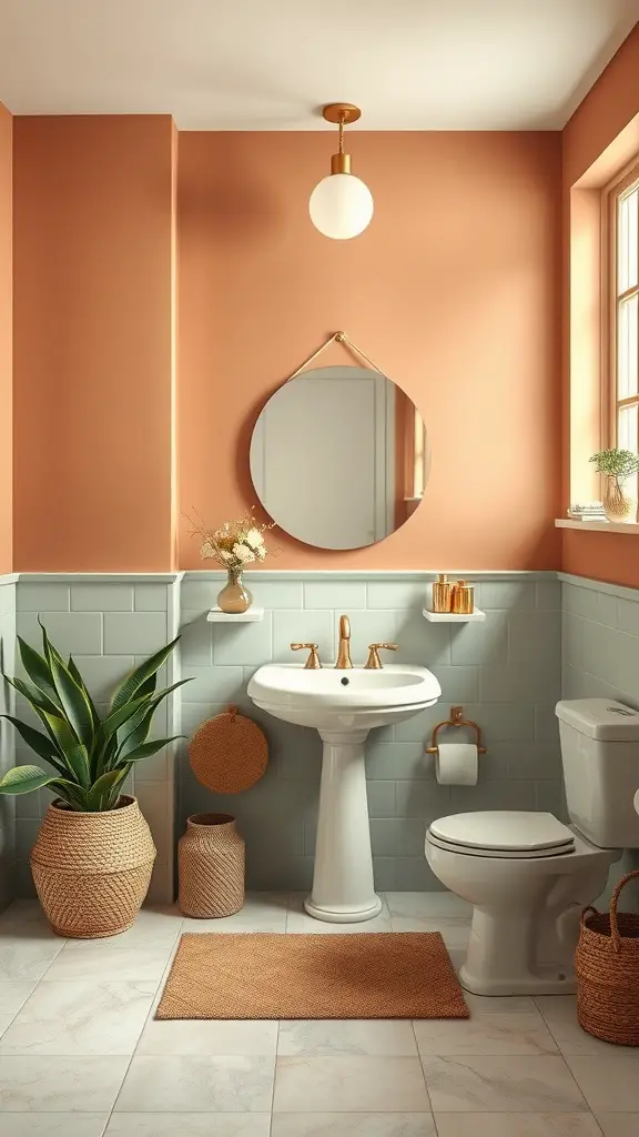 A beautifully designed bathroom with coral walls and green tiles, featuring a round mirror and natural decor