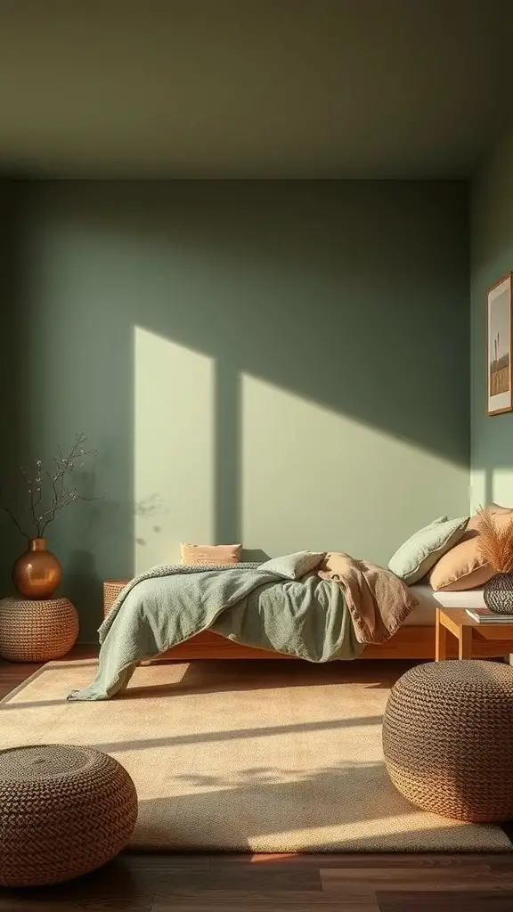 A serene bedroom with soft green walls, wooden furniture, and natural textures creating a calming atmosphere.