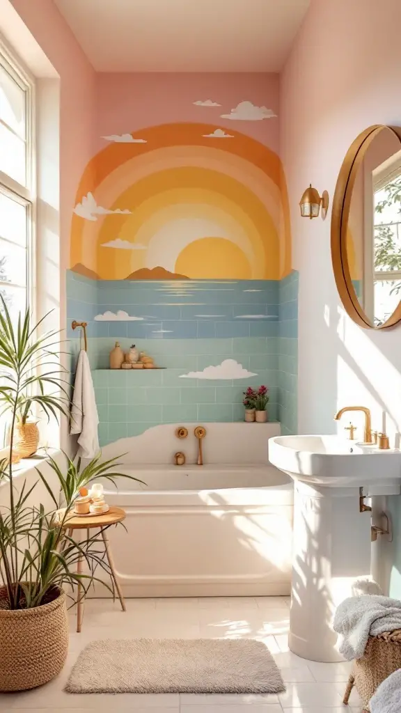 A bright bathroom with a sun mural, pastel colors, and a cozy feel.