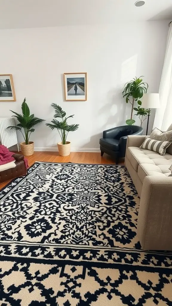 A stylish living room featuring a patterned black and white rug, light-colored sofa, and plants.