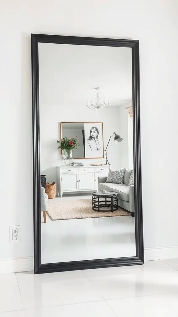 A tall black framed mirror reflecting a stylish living room with a light wall and elegant decor.