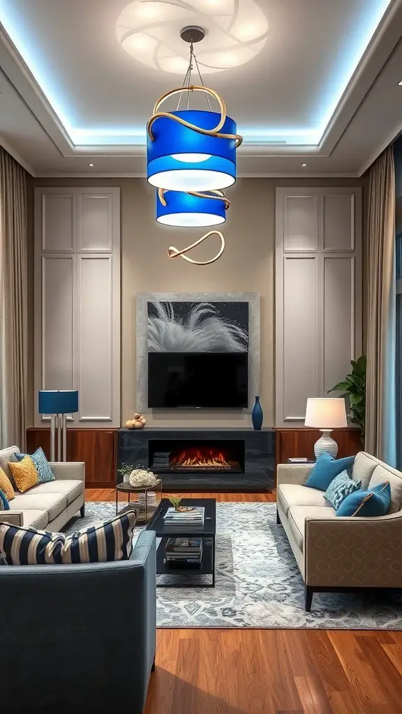 A modern living room featuring blue and white lighting fixtures, with a stylish blue pendant light and complementary decor.